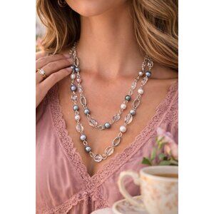Gift for Her Pearl Necklace Pink Gray Crystal Long Bridal Shower Jewelry 47"